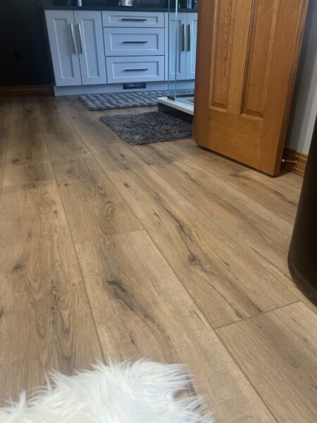 Wide-plank wood flooring in staggered layout, white shaker vanity with bar pulls, charcoal shag mats, glass shower enclosure.