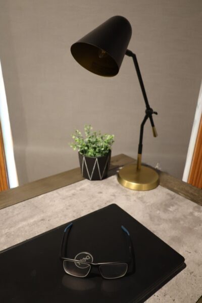A black and gold adjustable lamp, geometric black planter with faux greenery, and a laptop on a desk.